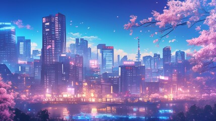 Fototapeta premium Anime. Night city anime fantasy against the background of the center of the old and new city. Fantasy Japanese night cityscape view, neon pink light, residential buildings, large sakura tree.