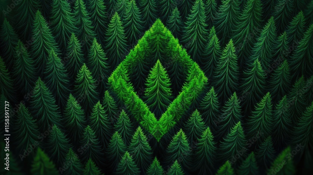 Poster Pine tree abstract background idea. A vibrant, abstract forest pattern showcasing lush green trees in a unique diamond shape.