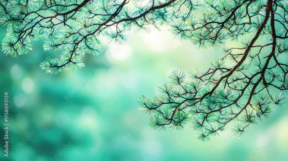 Poster Pine tree abstract background idea. Soft green foliage with intricate branches in a serene natural environment.