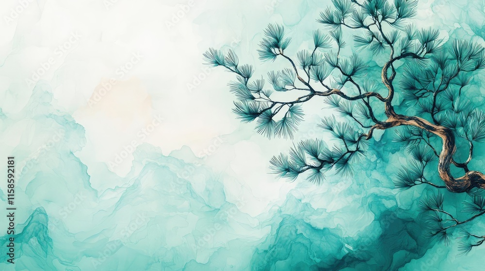 Poster Pine tree abstract background idea. Elegant abstract artwork featuring serene mountain landscape and pine tree branches.