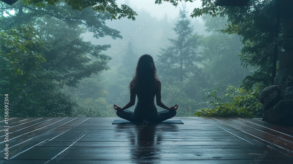 Aufkleber A person sits cross-legged on a deck, practicing meditation amidst a tranquil forest. Fog envelops the trees, creating a peaceful atmosphere for mindfulness.