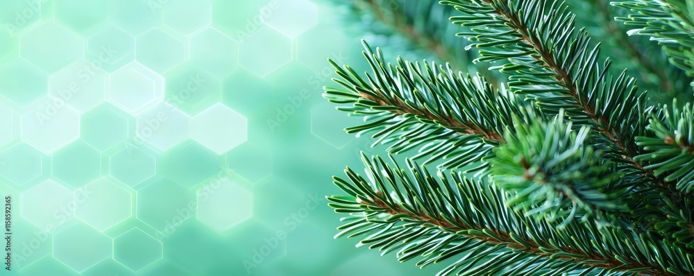 Poster Pine tree abstract background idea. Close-up view of vibrant evergreen branches on a soft blurred background.