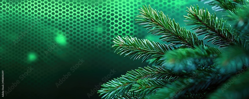 Poster Pine tree abstract background idea. Close-up of vibrant green pine branches with a soft-focus background.