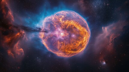 Obraz premium A massive, orange and blue star, surrounded by nebula gas clouds, as seen from space, in a hyper-realistic style