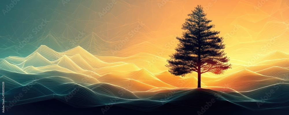 Poster pine tree abstract background idea. a serene tree stands against a colorful sunset, blending nature 