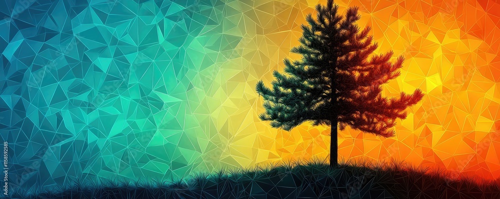 Poster Pine tree abstract background idea. A vibrant artistic representation of a tree against a colorful background.