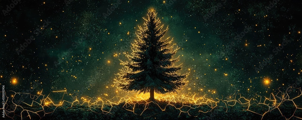Poster pine tree abstract background idea. a beautifully illuminated christmas tree against a starry night 