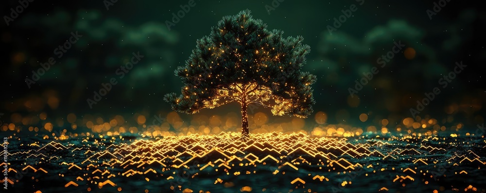 Poster Pine tree abstract background idea. A solitary tree shines in a vibrant landscape illuminated by glowing light waves.
