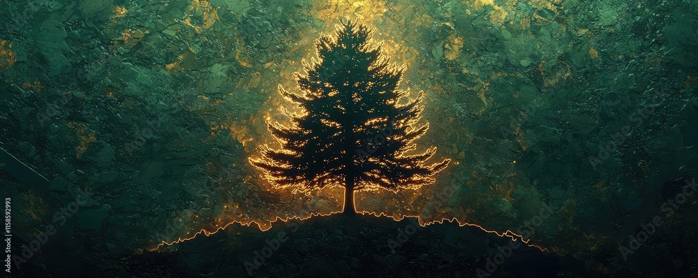 Poster pine tree abstract background idea. a majestic tree silhouette against a colorful, glowing backgroun