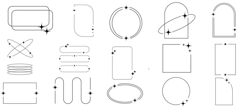 Modern minimalist aesthetic line elements collection. Y2K element, brutalism, Trendy linear frames with stars, geometric forms, modern vector set in boho style. Vector illustration.