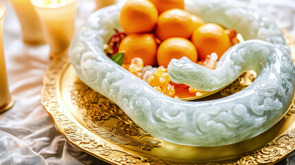 A detailed Chinese jade snake sculpture surrounded by New Year offerings like oranges, with golden...