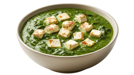 Creamy spinach curry with cubes of paneer in bowl, showcasing vibrant green color and rich texture. Perfect for comforting meal