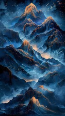 Naklejka premium Blue and gold traditional ink landscape painting poster background 