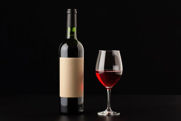 Fototapeta premium A still life photograph of a bottle and a glass of red wine on a black background