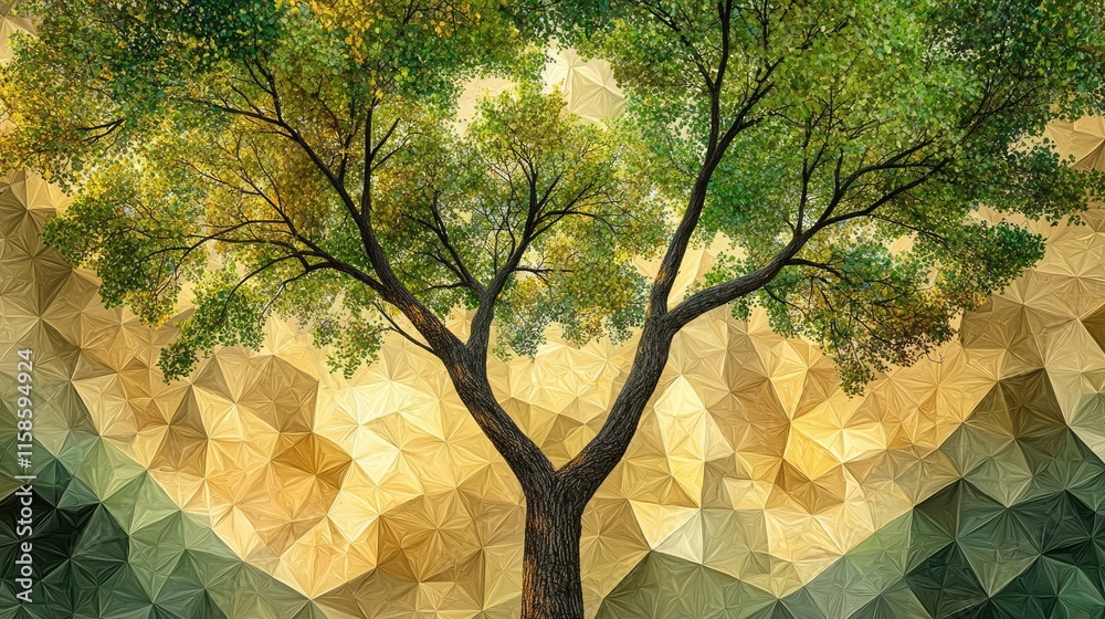 Poster plane tree abstract background idea. a vibrant tree with lush green leaves set against a geometric, 