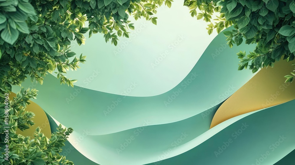 Poster Plane tree abstract background idea. Beautiful abstract design with green leaves and smooth curves for environmental themes.