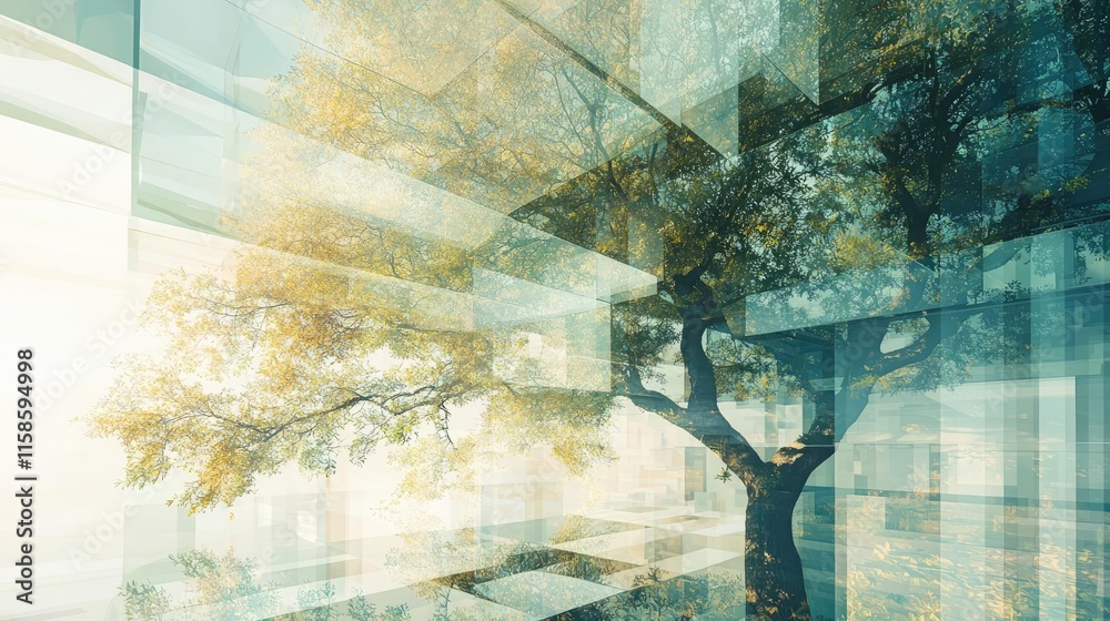 Aufkleber plane tree abstract background idea. a harmonious blend of nature and modern architecture, showcasin