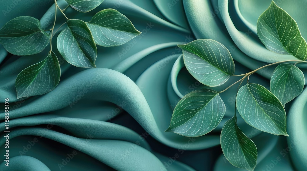 Poster Plane tree abstract background idea. Elegant green leaves draped against a soft, flowing fabric backdrop.