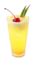 Tasty pineapple cocktail with cherry in glass isolated on white