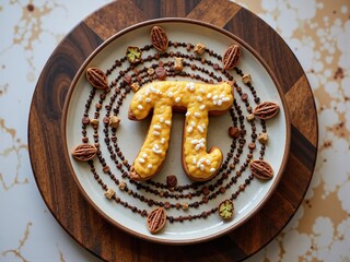 Pi symbol cookie celebrating pi day with nuts and confectionery on round plate