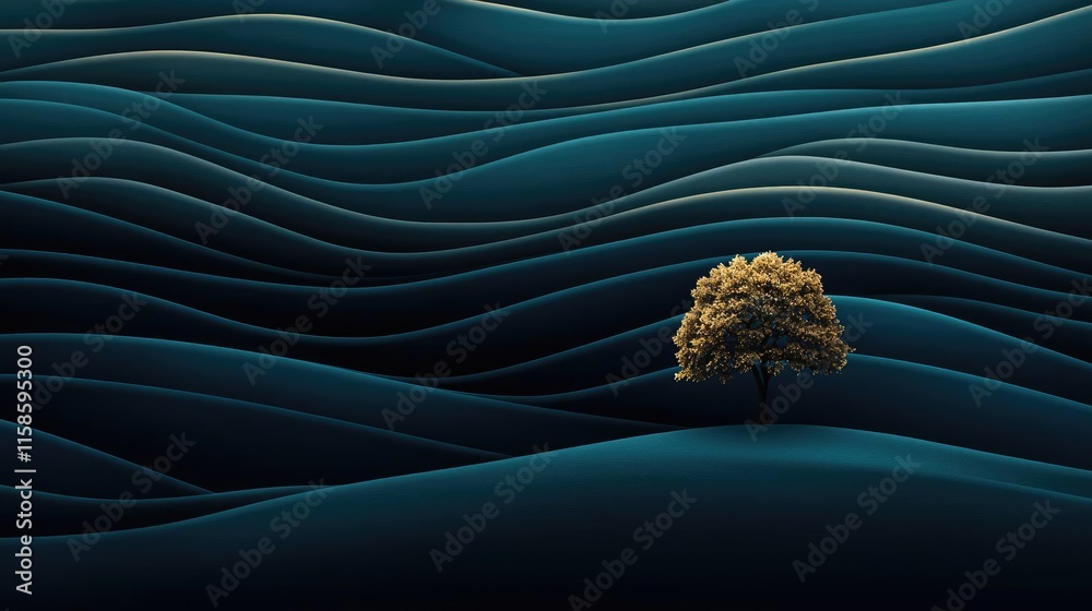 Poster plane tree abstract background idea. a solitary tree stands amidst gently rolling, wavy hills under 