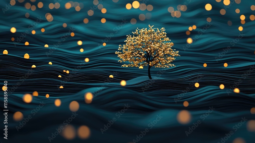 Poster Plane tree abstract background idea. A solitary tree illuminated by glowing orbs in a tranquil, wavy landscape at night.