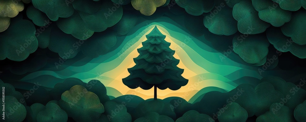 Poster plane tree abstract background idea. a tranquil illustration of a pine tree surrounded by lush green