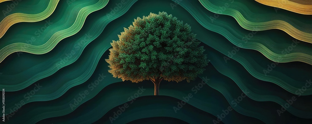Poster plane tree abstract background idea. a solitary tree standing amidst flowing green waves, symbolizin