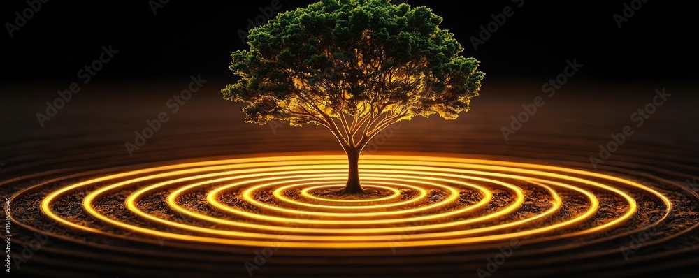 Poster plane tree abstract background idea. a glowing tree stands amidst rippling golden circles, symbolizi