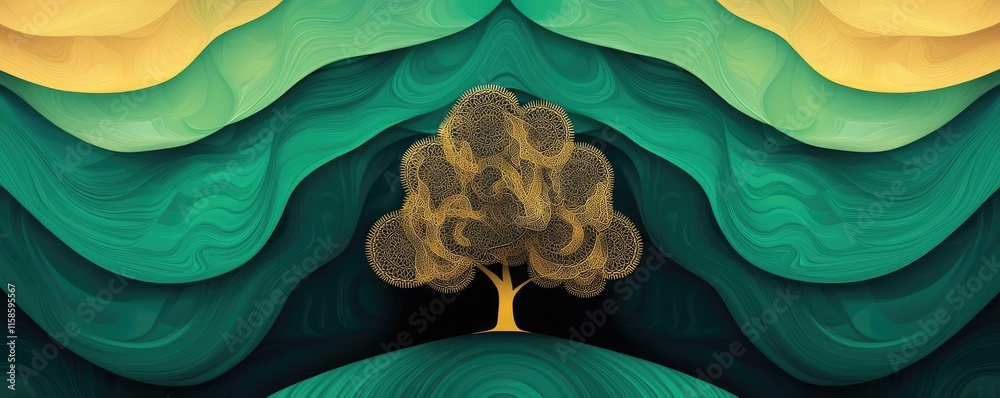Poster Plane tree abstract background idea. A vibrant illustration of a solitary tree amidst abstract layered landscapes.