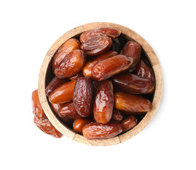 Tasty dried dates in wooden bowl isolated on white, top view