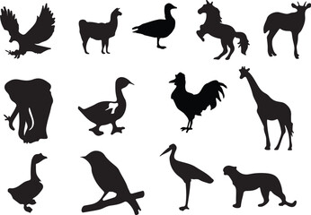 Animal Silhouettes Vector Set Birds, Mammals, and Farm Animals - Wildlife Clipart for Graphic Design, Nature Projects, and Educational Materials