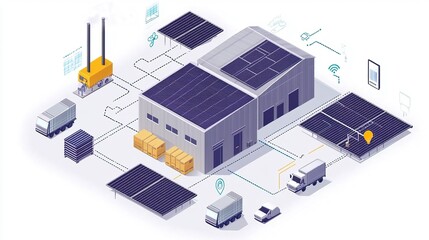 Fototapeta premium isometric A modern warehouse featuring solar panels, logistics trucks, and digital connections for efficient energy management and distribution.