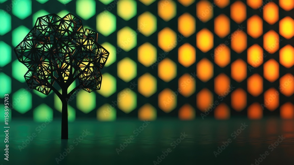 Poster Plane tree abstract background idea. A minimalist tree silhouette against a colorful geometric background of vibrant lights.