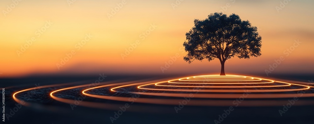Poster plane tree abstract background idea. serene sunset landscape featuring a solitary tree surrounded by