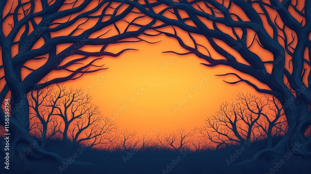 Poster plane tree abstract background idea. silhouetted trees frame a vibrant orange sunset, creating a ser