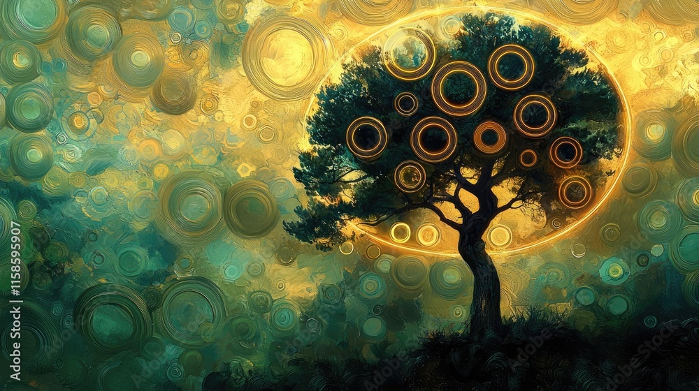 Poster plane tree abstract background idea. a vibrant tree silhouetted against a colorful, circular pattern