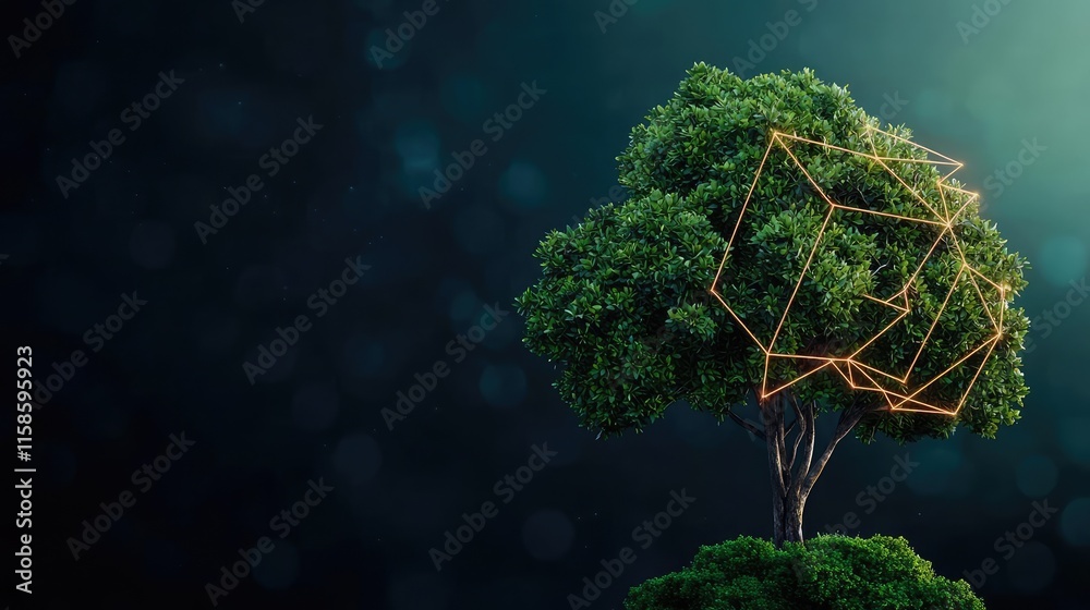 Aufkleber plane tree abstract background idea. a digital tree illustration with glowing geometric shapes repre