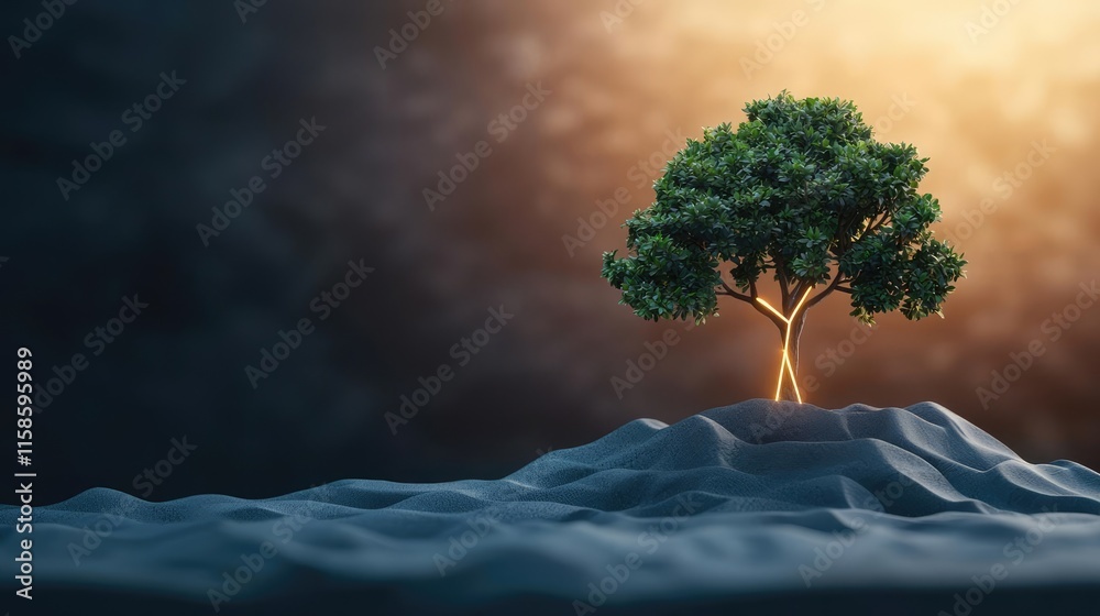 Poster Plane tree abstract background idea. A serene tree illuminated against a dark background, symbolizing hope and nature's beauty.