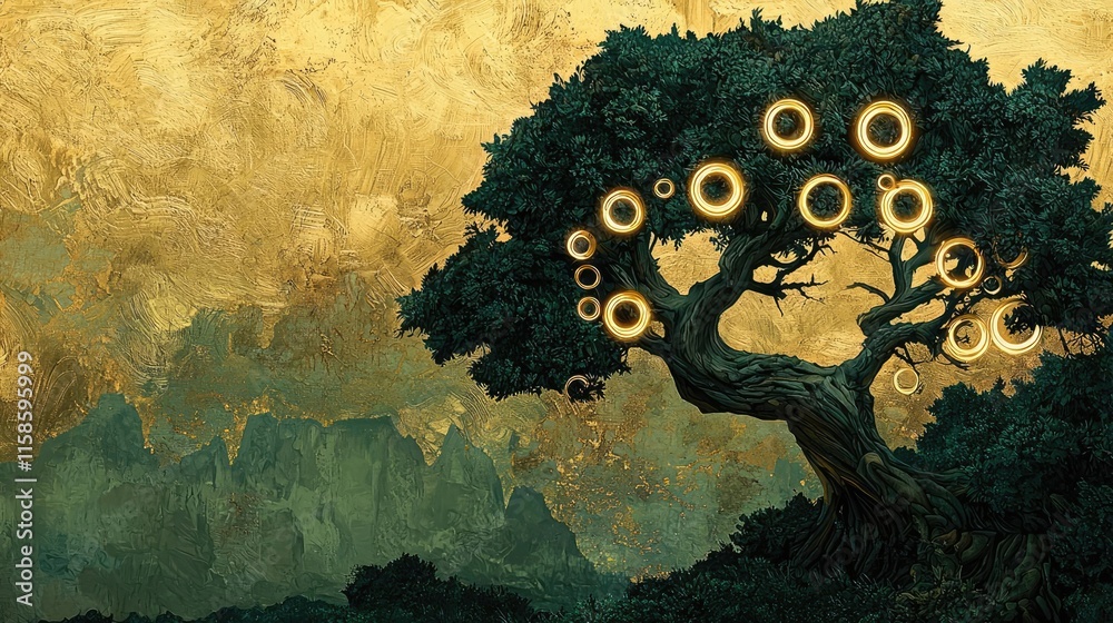 Poster Plane tree abstract background idea. A mystical tree with glowing rings against a golden backdrop, evoking nature's wonder.
