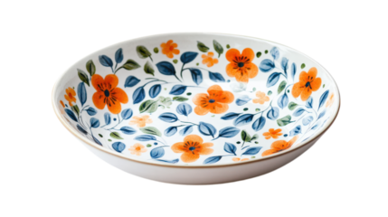 Hand painted ceramic plate featuring vibrant orange flowers and green leaves, perfect for adding touch of color to any table setting. Ideal for serving or decorative purposes