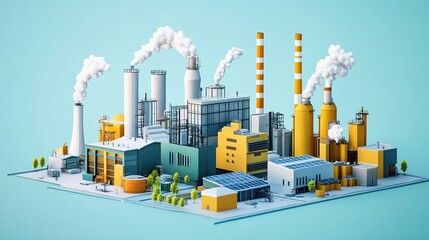 A colorful, isometric illustration of an industrial complex featuring smokestacks, factories, and greenery, depicting a modern manufacturing environment.