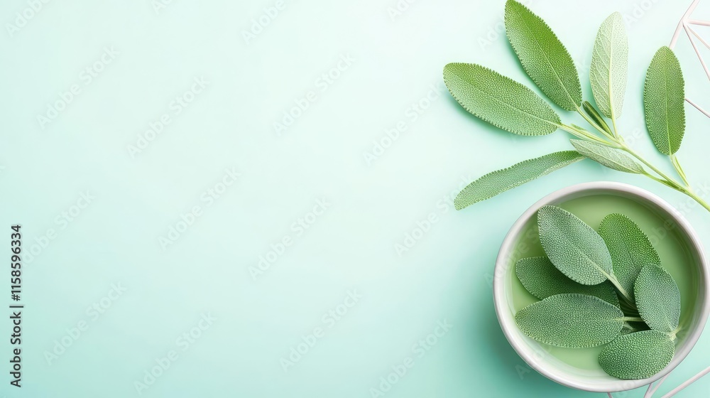 Poster sage leaves abstract background concept. fresh green leaves in a bowl on a soft mint background for 