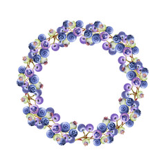 Blueberry blackberry, hand drawn in watercolor, ripe forest berry cluster bunch on branches. Isolated botanical wreath frame illustration. Restaurant, dessert cafe menu, decoupage, farmers market