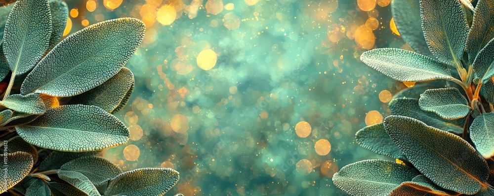 Poster sage leaves abstract background concept. a serene background featuring lush green leaves and bokeh l