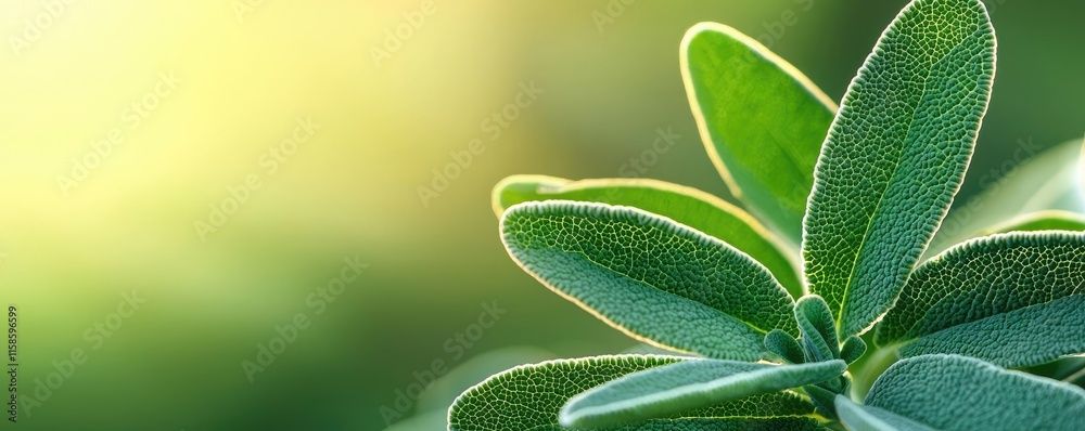 Poster sage leaves abstract background concept. close-up of vibrant green leaves illuminated by soft sunlig
