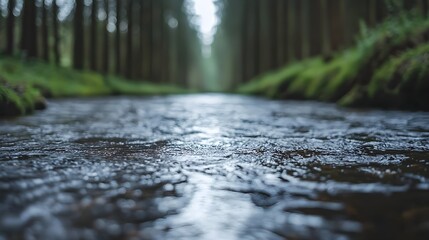 Serene forest stream reflecting soft light