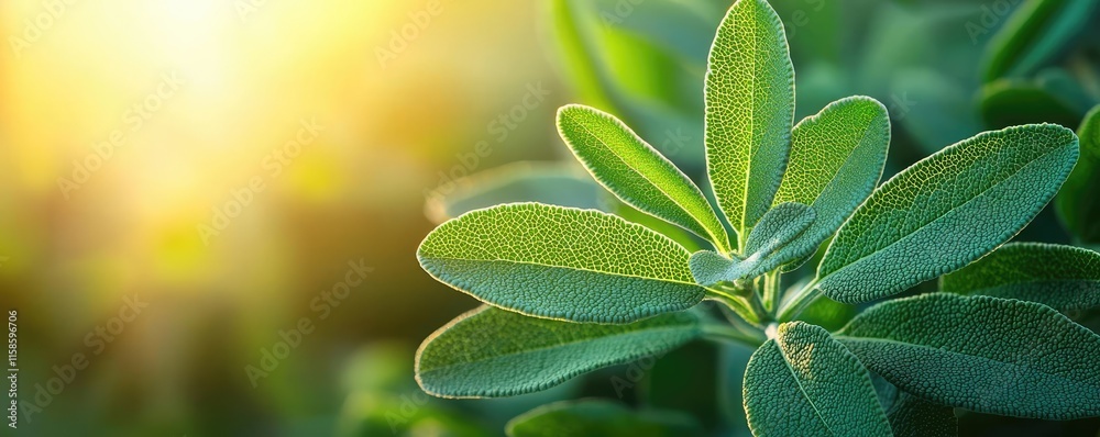 Poster Sage leaves abstract background concept. Close-up of vibrant green leaves illuminated by soft sunlight in a serene setting.