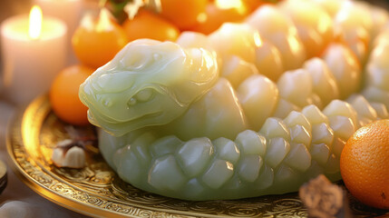 A detailed Chinese jade snake sculpture surrounded by New Year offerings like oranges, with golden...