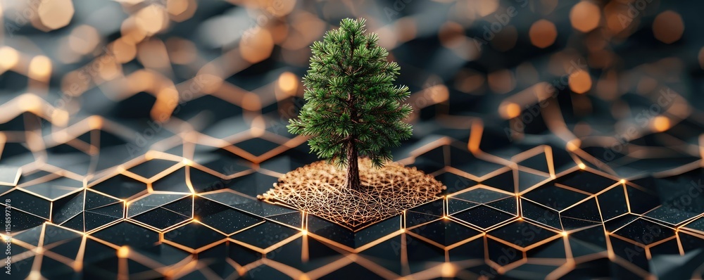 Poster Pine tree abstract background idea. A close-up view of a small tree growing on a textured surface with golden accents.